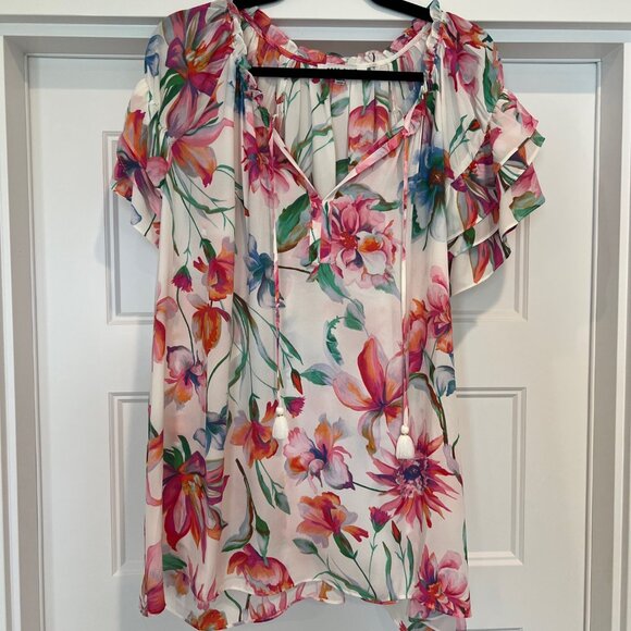 Rose + Olive Women’s 3X Multicolor Floral Print Flutter Sleeves Tassel Tie Neckl - Picture 2 of 8